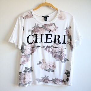 Forever 21 Chéri Amore White Floral Short Sleeve Tee Shirt